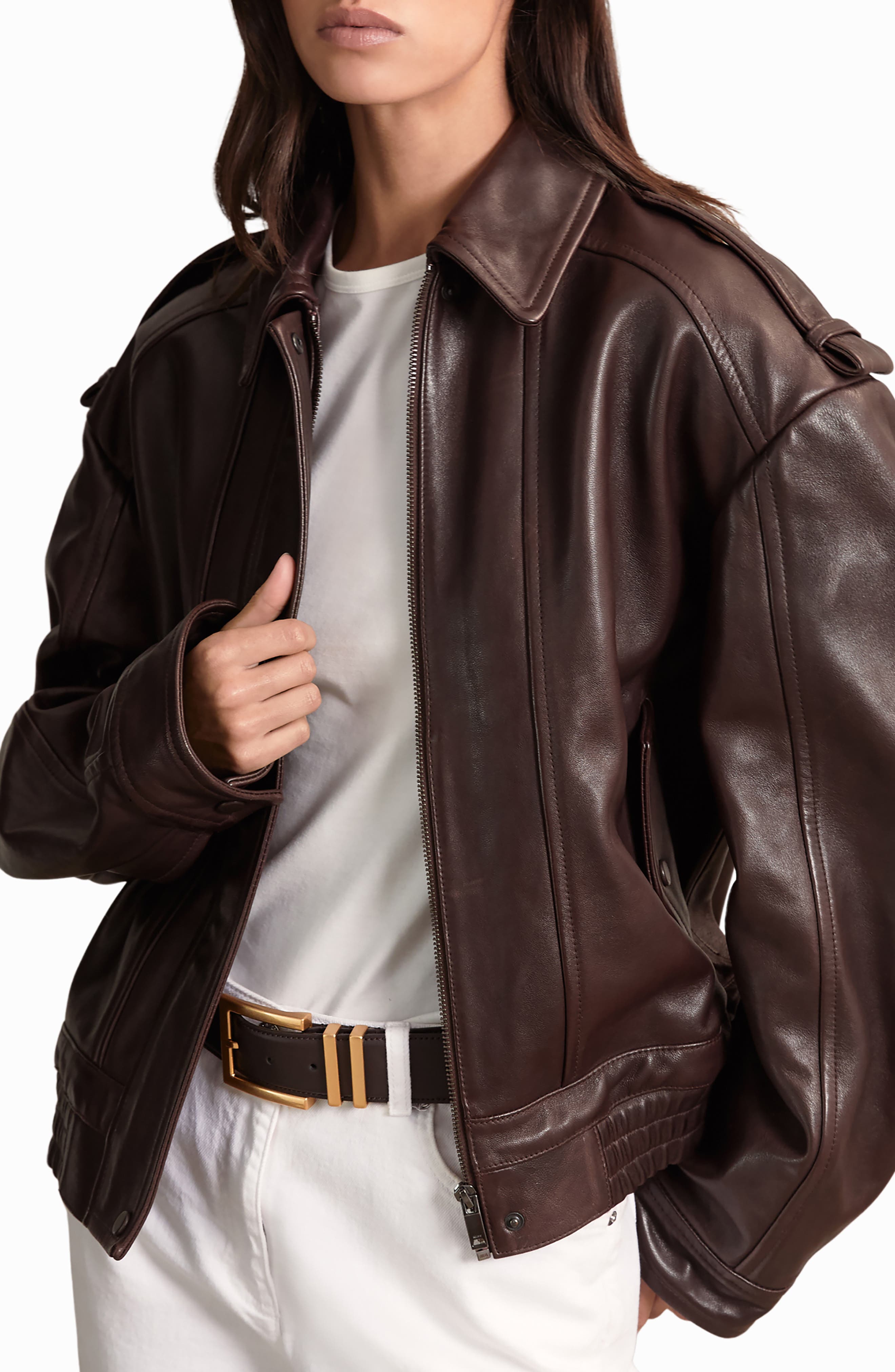 Reiss Priya Leather Bomber Jacket in Chocolate Brown 