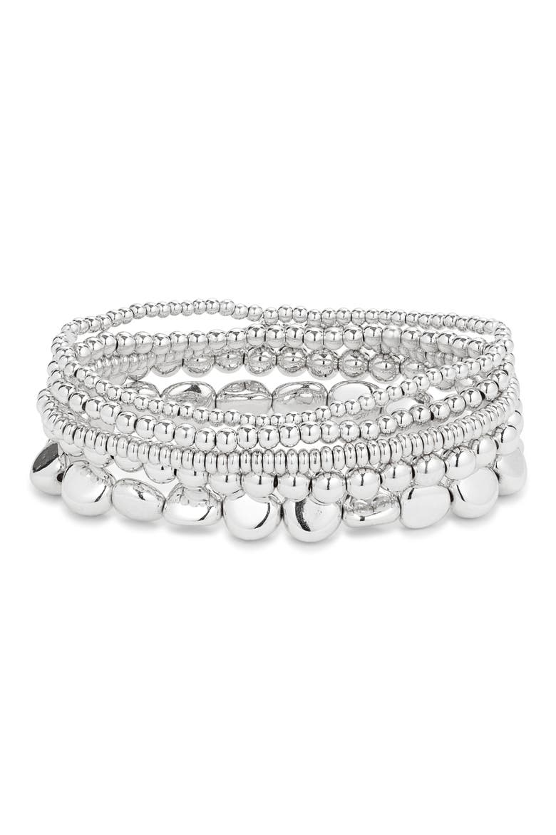 Set of 5 Beaded Stretch Bracelets, Main, color, SILVER