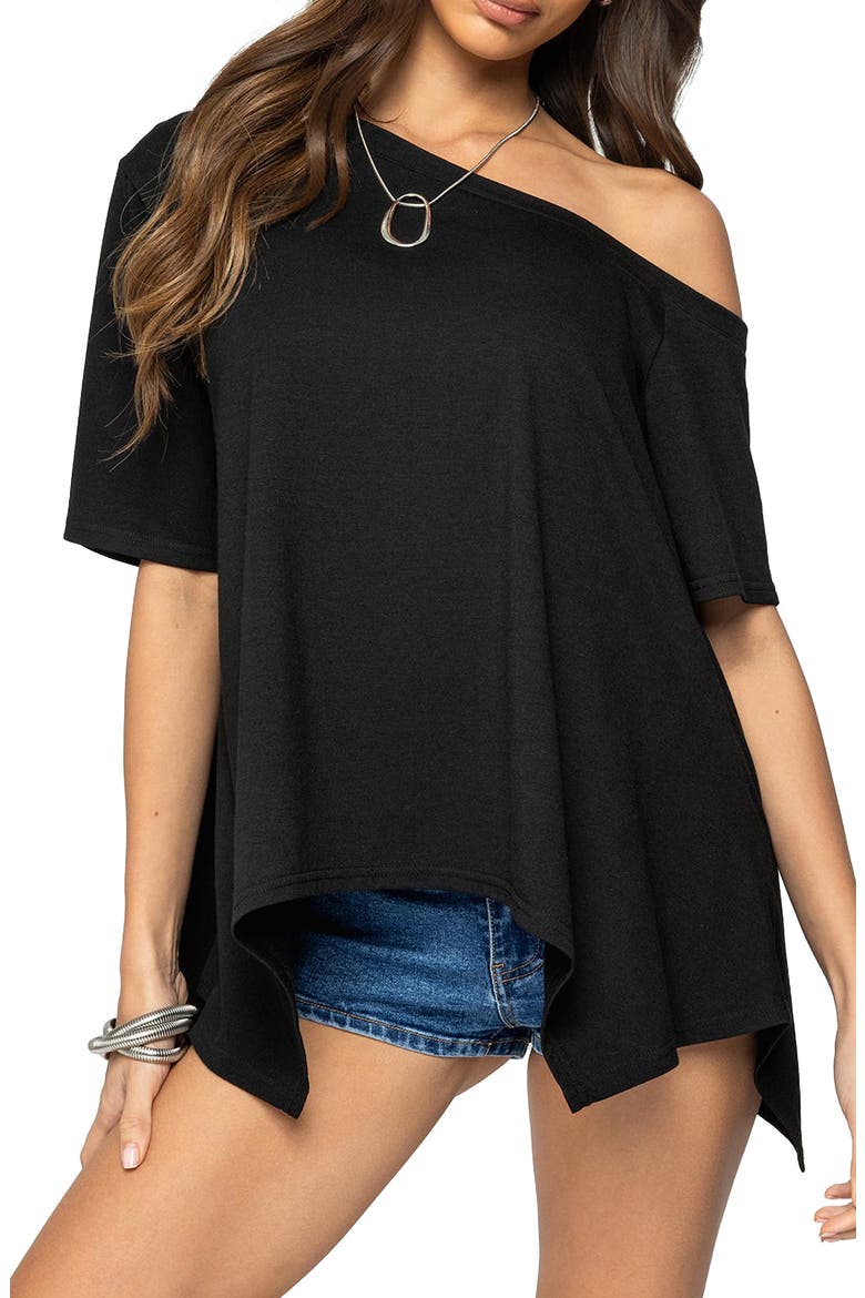 Josy One-Shoulder Handkerchief Hem Knit Top, Main, color, BLACK