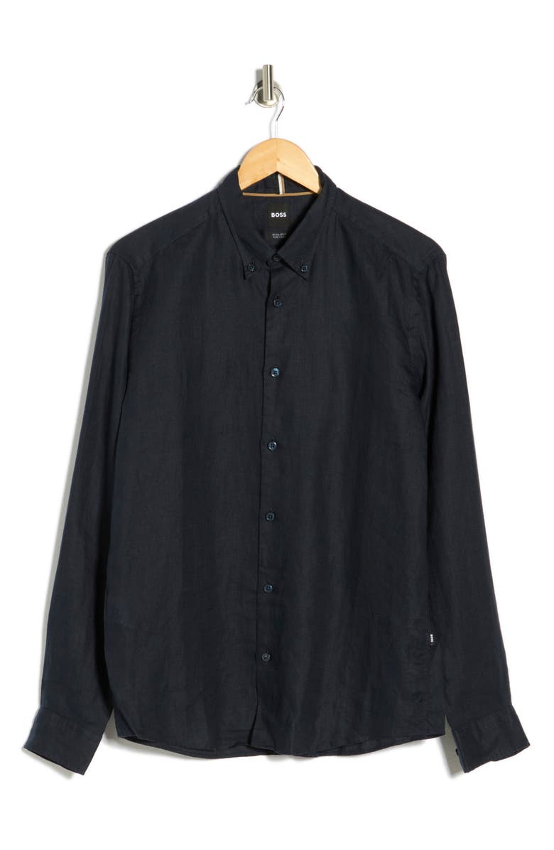 BOSS Liam Linen Button-Up Shirt, Alternate, color, Dark Blue