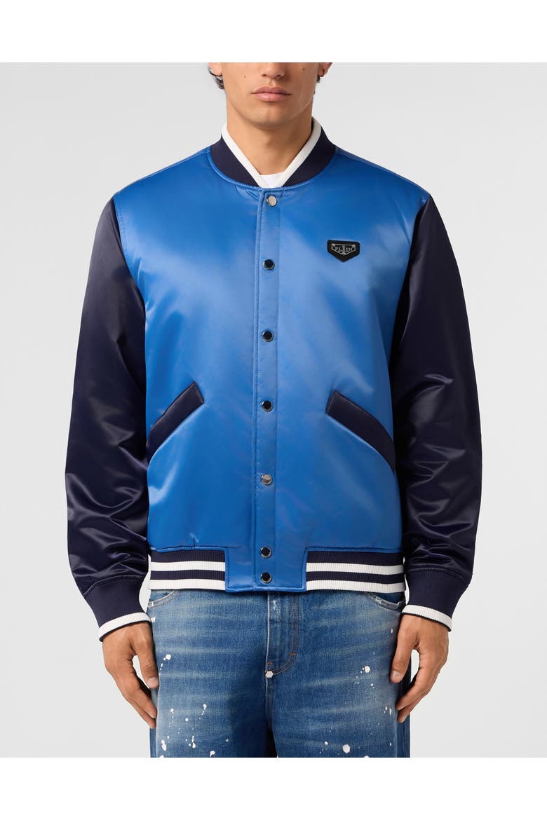 Satin College Bomber Plein Logo Men, Main, color, middleblue