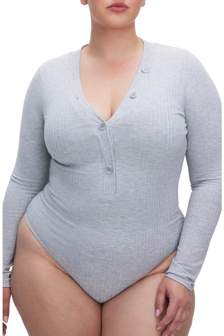 Ribbed Long Sleeve Henley Bodysuit, Alternate, color, HEATHER GREY001