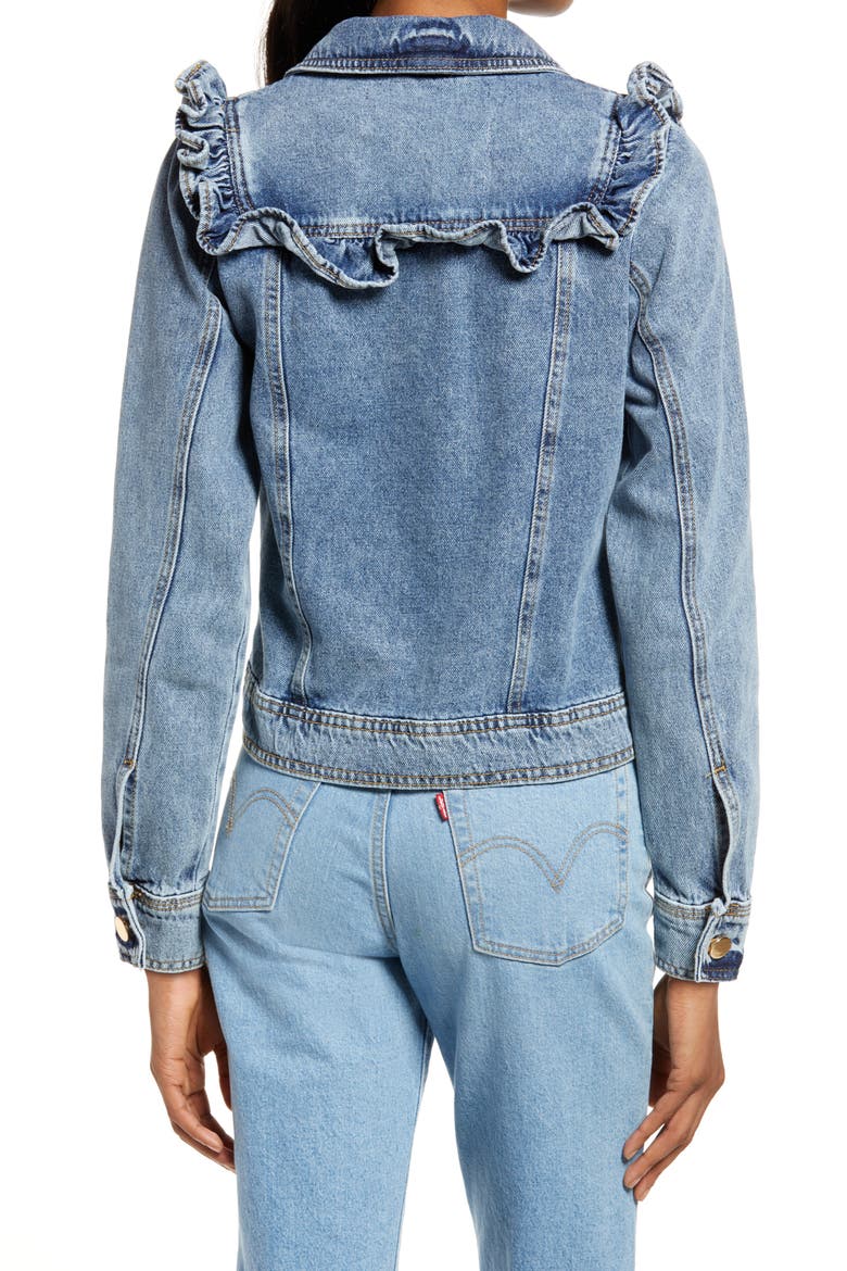 Frill Denim Trucker Jacket, Alternate, color, MEDIUM DENIM