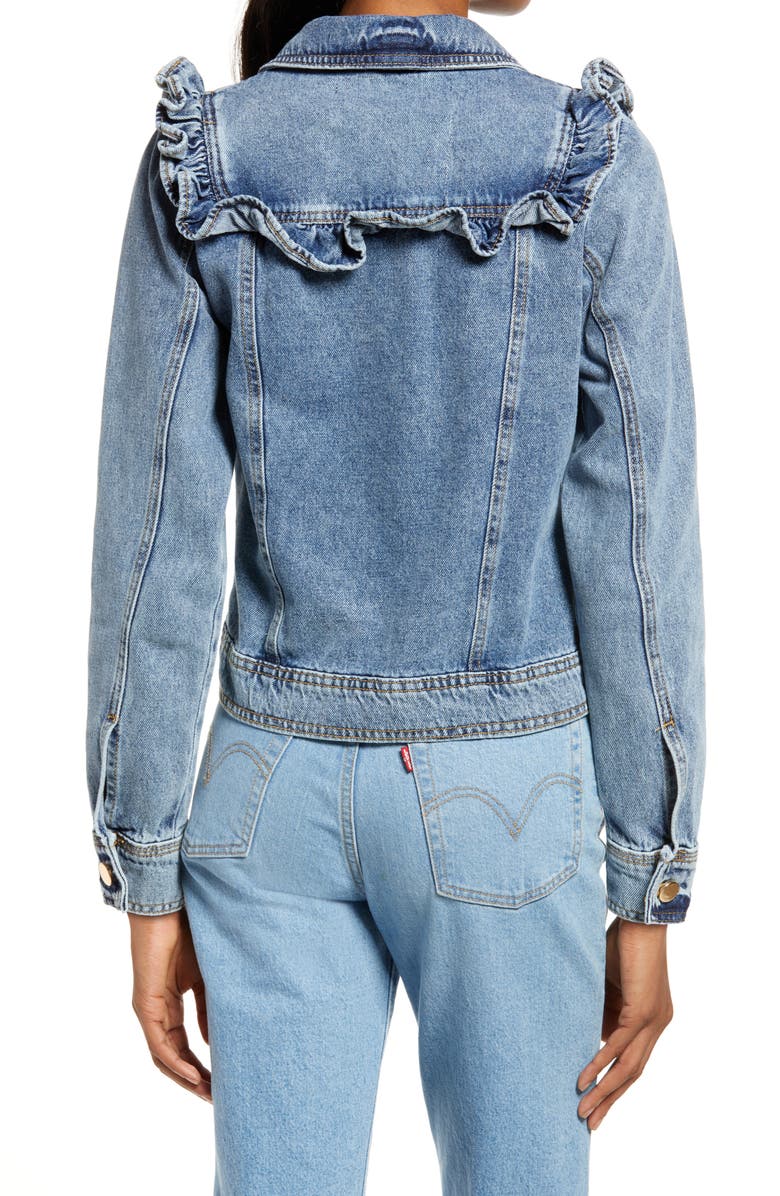 River Island Frill Denim Trucker Jacket, Alternate, color, 