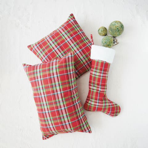 Plaid Woven Cotton Stocking with Faux Fur Cuff