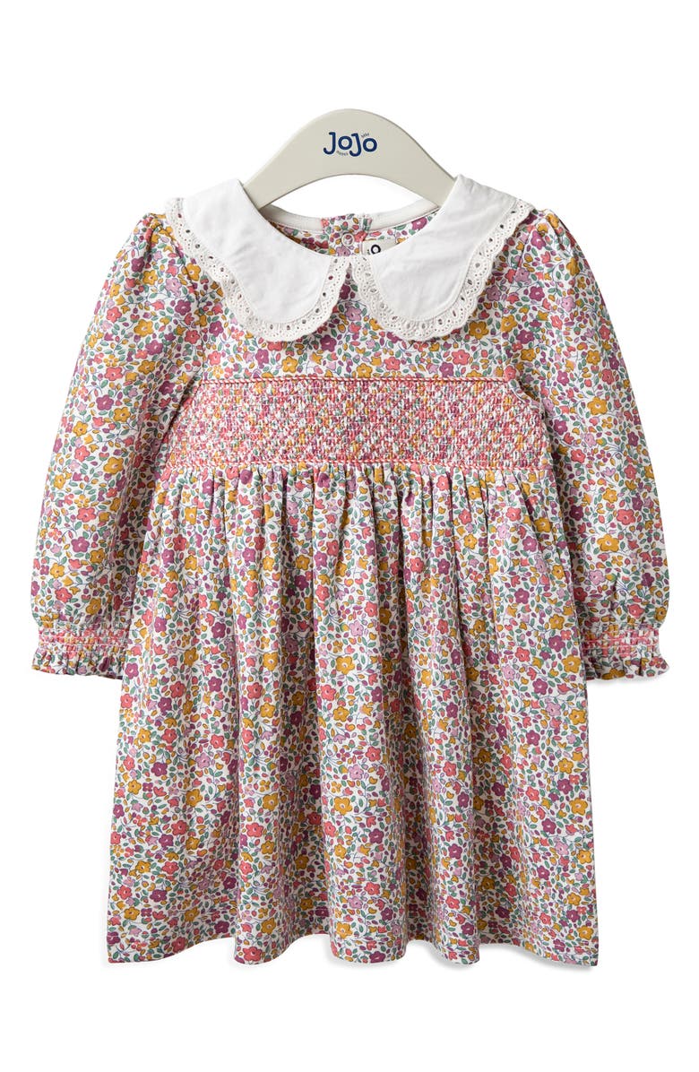 JOJO MAMAN BEBE Peter Pan Collar Floral Print Smocked Cotton Dress, Main, color, Pink