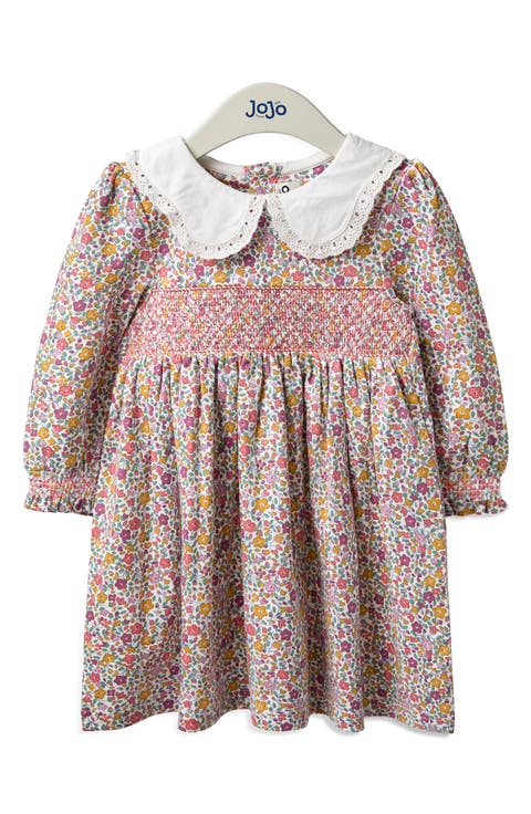 Peter Pan Collar Floral Print Smocked Cotton Dress (Baby)