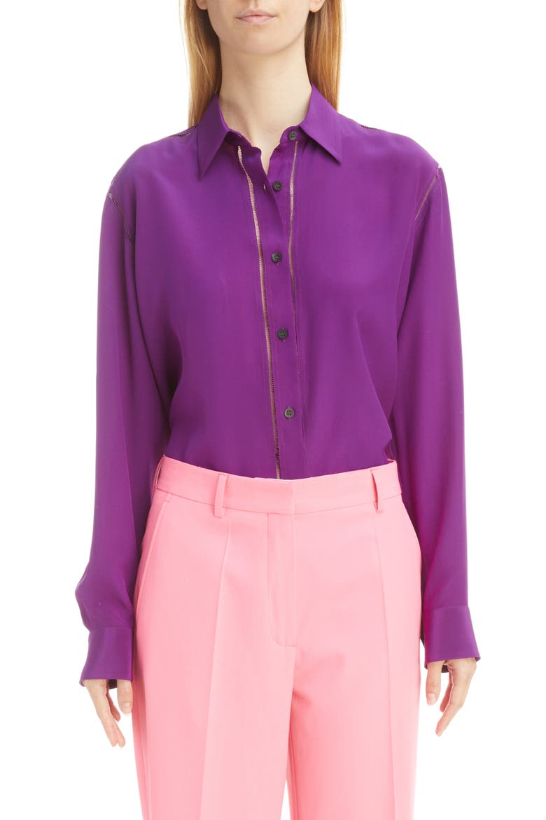 Clavelly Ladder Stitch Silk Blouse, Main, color, VIOLET