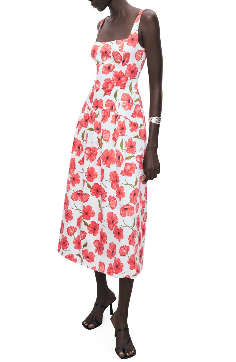 MANGO Print Sleeveless Flare Dress, Main, color, Off White