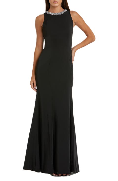 Women's Sleeveless Trumpet Gown with Embellished High Neck