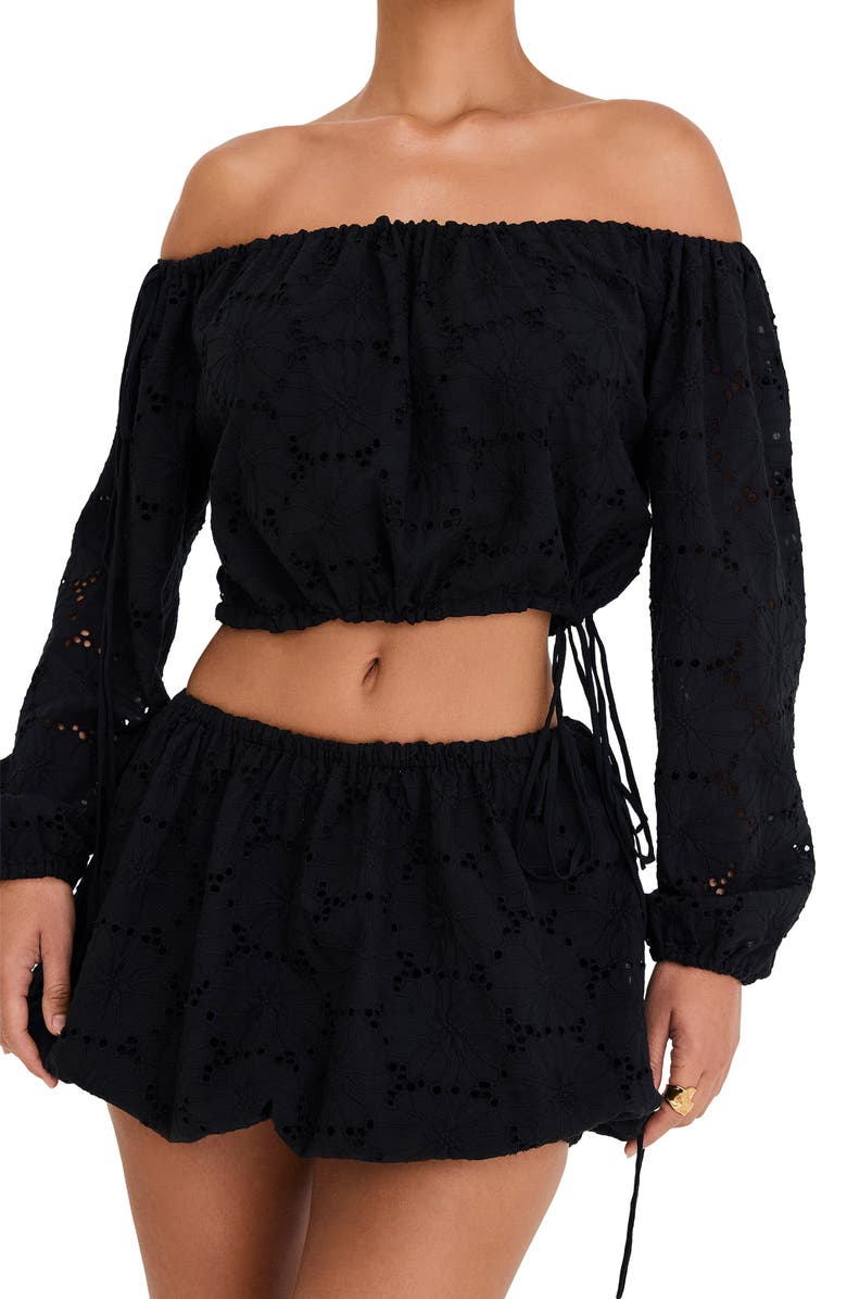 Mistress Rocks Off the Shoulder Cotton Eyelet Crop Top, Alternate, color, Black