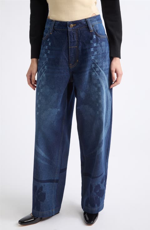 Laser Engraved Baggy Wide Leg Jeans