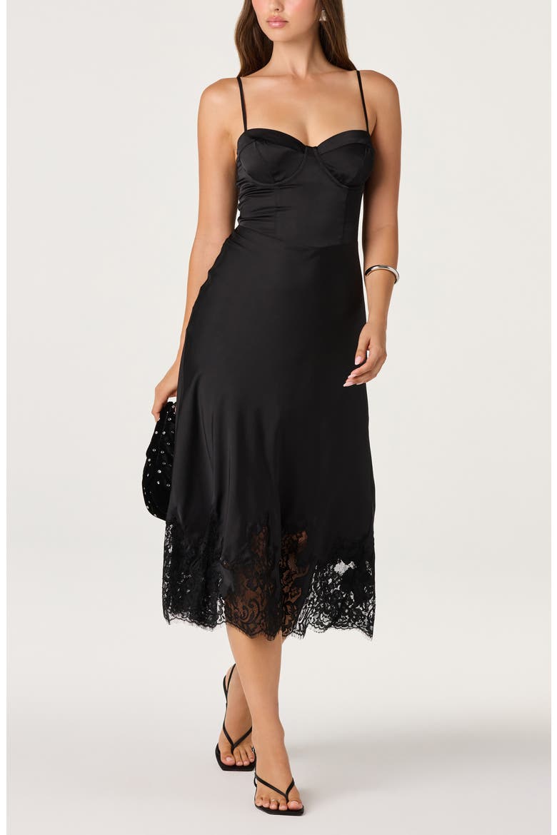 Abrianna Lace Trim Satin Midi Dress, Alternate, color, BLACK