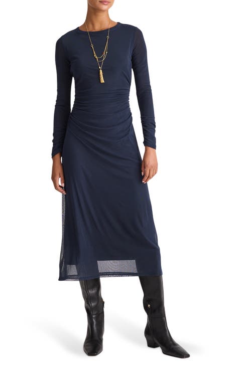 Long Sleeve Ruched Mesh Midi Dress