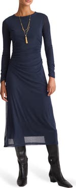 Madewell Long Sleeve Ruched Mesh Midi Dress