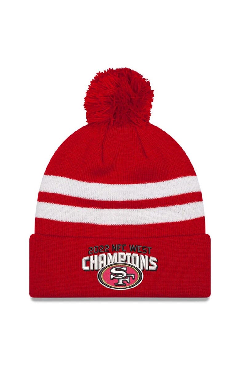 New Era Men's New Era Scarlet San Francisco 49ers 2022 NFC West Division Champions Top Stripe Cuffed Pom Knit Hat, Main, color, 