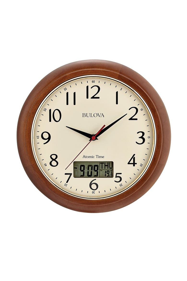 Dual Time Wood Wall Clock, Main, color, Brown