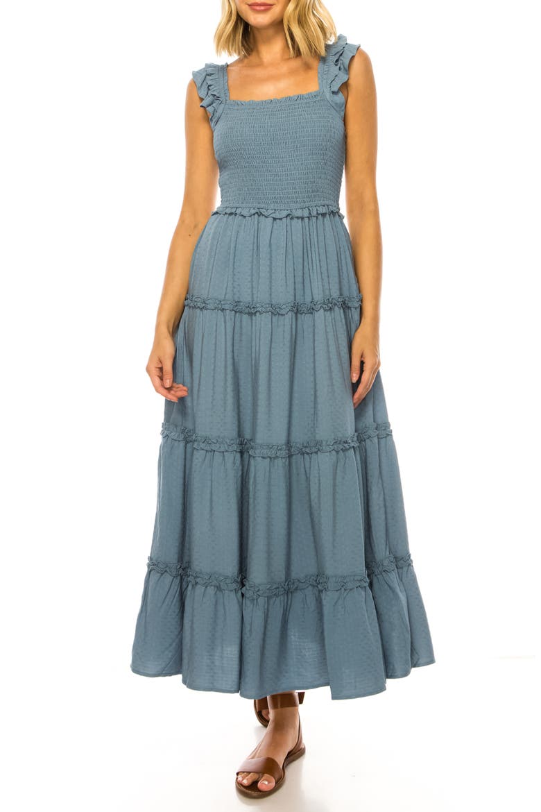 Ruffle Trim Swiss Dot Tiered Maxi Dress, Main, color, PARISIAN BLUE