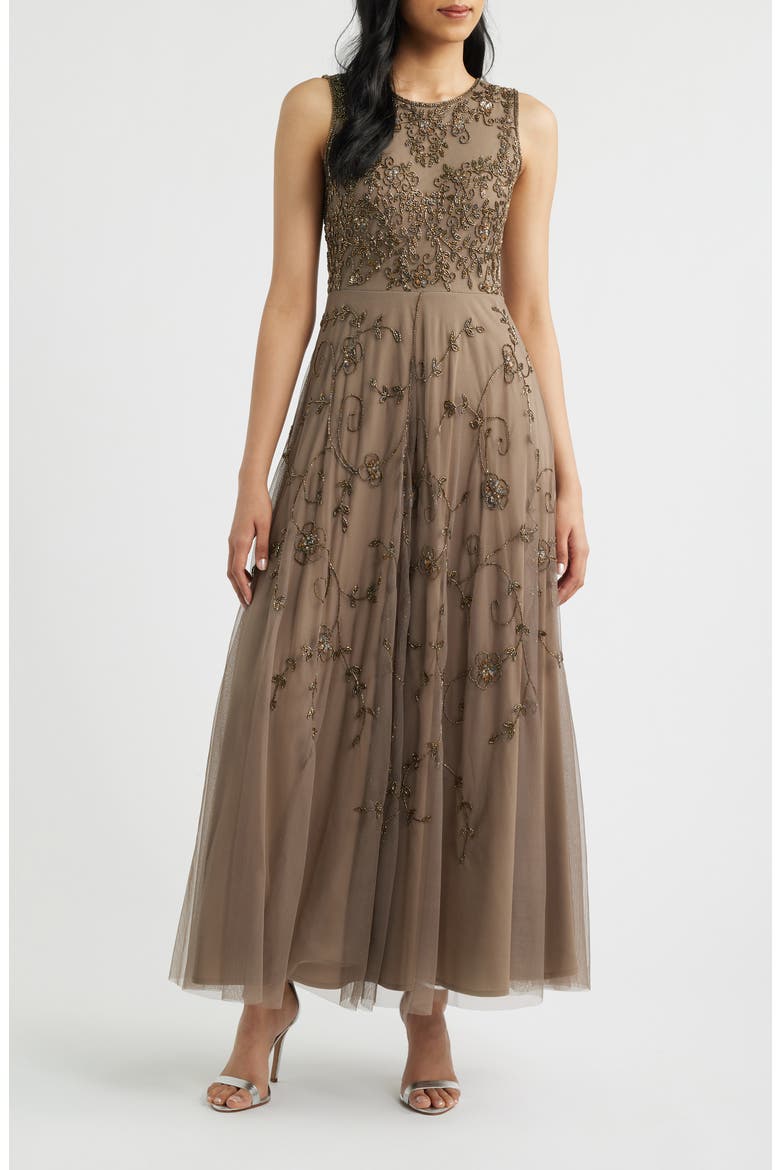 Embellished Cocktail Dress with Open Front Jacket, Main, color, MOCHA