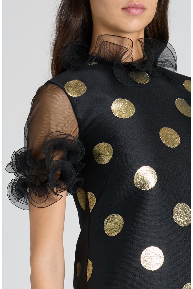 Polka Dot Ruffle Trim Shift Dress, Alternate, color, BLACK