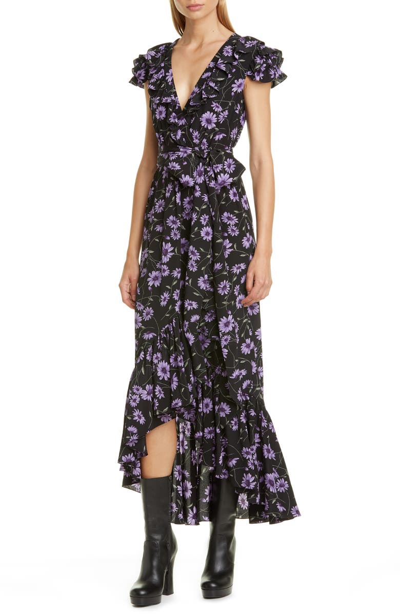 Michael Kors Collection Floral Print Ruffle Wrap Dress, Alternate, color,