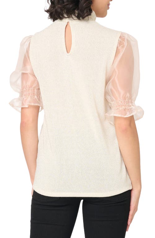 Gibsonlook Feminine Ruffle Top With Organza Puff Elbow Sleeve In Champagne In Multi