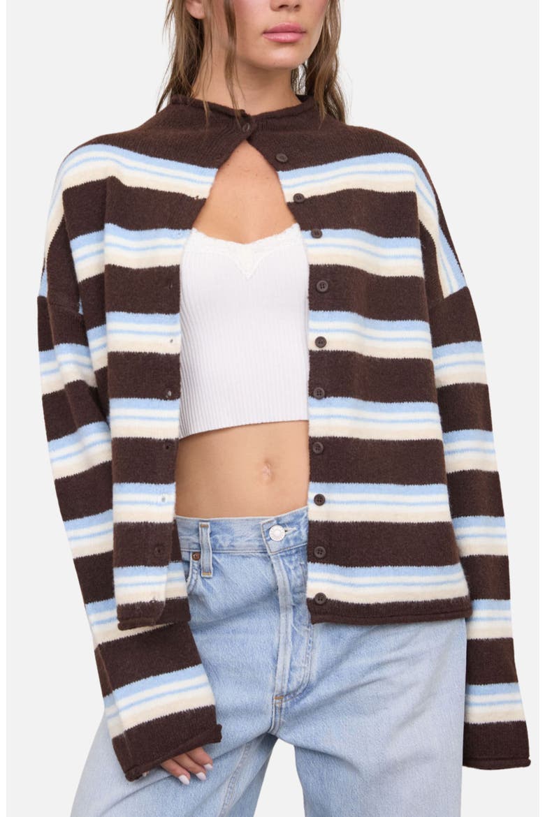 Stripe Mock Neck Cardigan, Alternate, color, BROWN MULTI