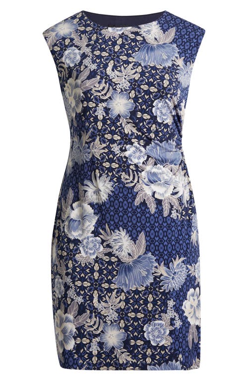 Connected Apparel Floral Sleeveless Side Panel Dress In Blue