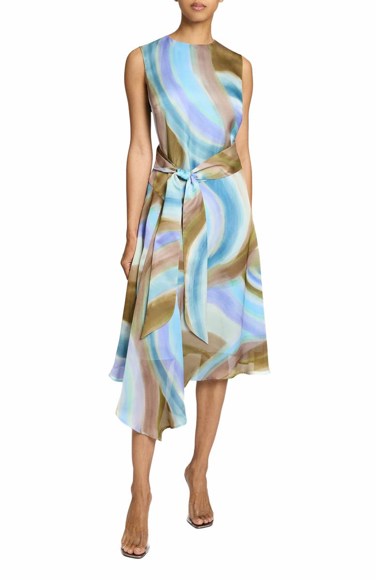 Santorelli CECILIA Sleeveless Midi Dress with Asymmetrical Hemline in Abstract Swirl Print, Alternate, color, Aquamarine Multi