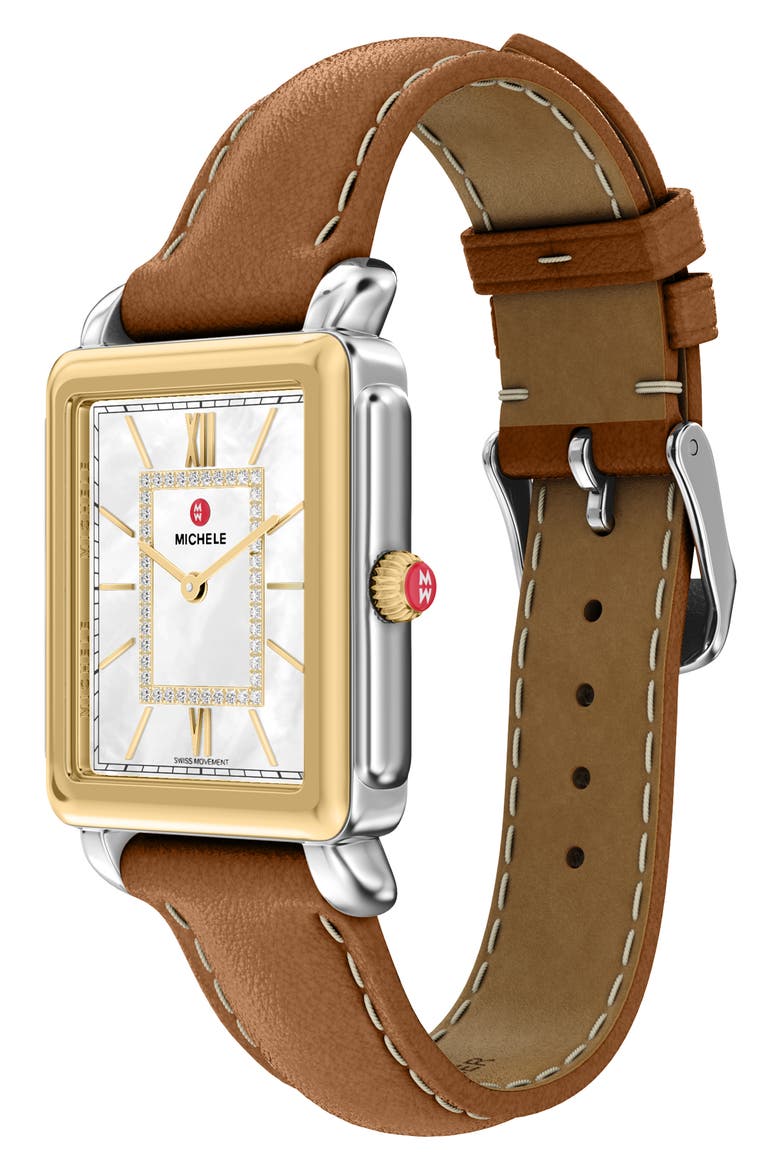 Deco II Diamond Mother-of-Pearl Leather Strap Watch, 26mm x 28mm, Alternate, color, SILVER