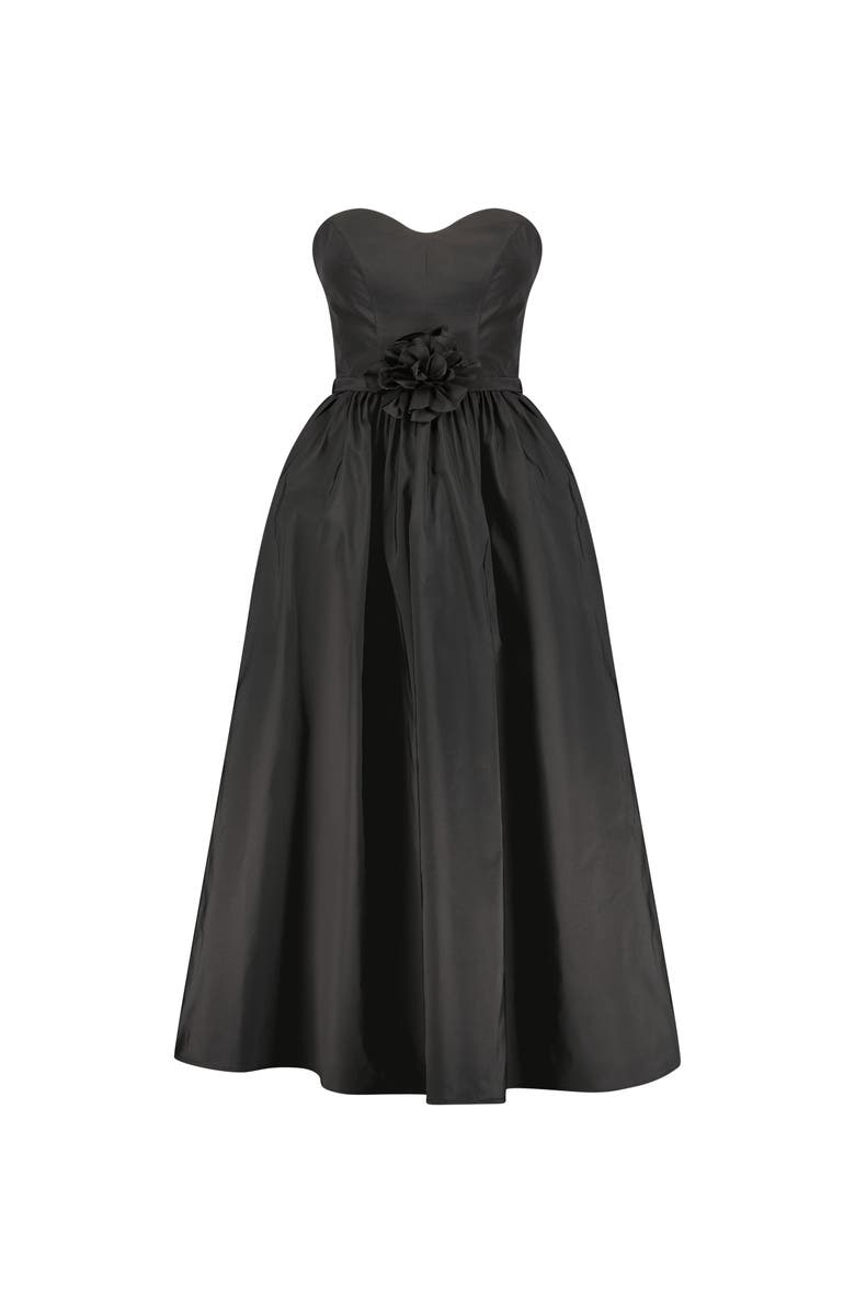 Mac Duggal Faille Strapless A Line Midi Dress With 3D Rose, Alternate, color, Black