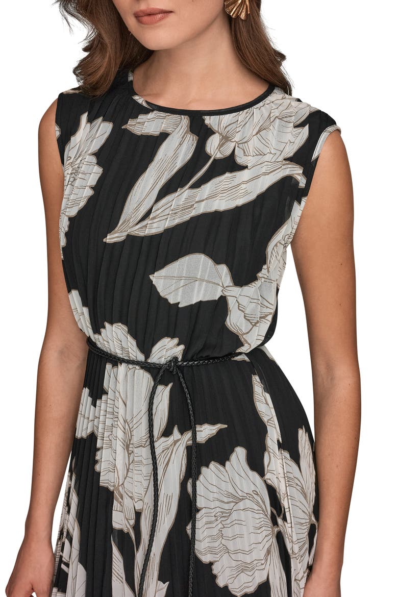Belted Pleated Midi Dress, Alternate, color, BLACK/ FAWN/ CREAM