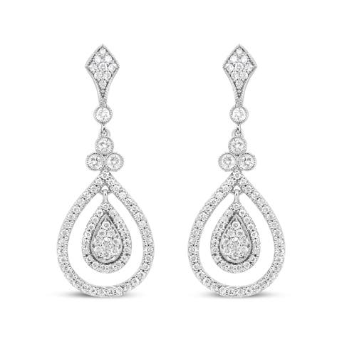18K White Gold 1 1/4 Ctw Round Diamond Openwork Teardrop-Shaped Dangle Earrings