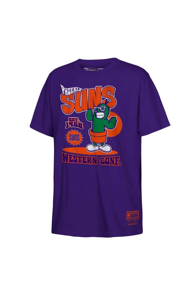 Youth Mitchell & Ness Purple Phoenix Suns Retro Mascot Script T-Shirt, Main, color, Purple
