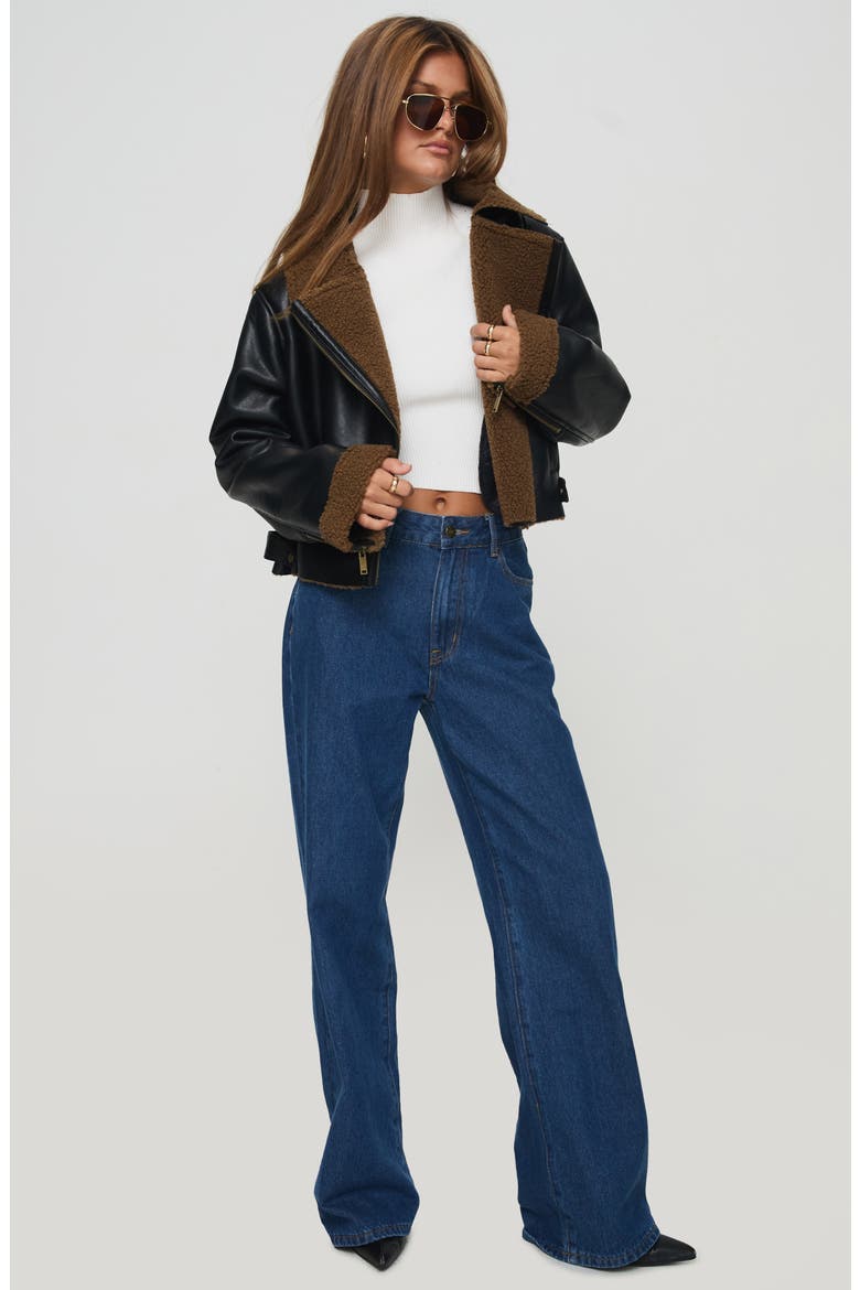 Faux Leather Crop Jacket with Faux Shearling Trim, Alternate, color, BLACK