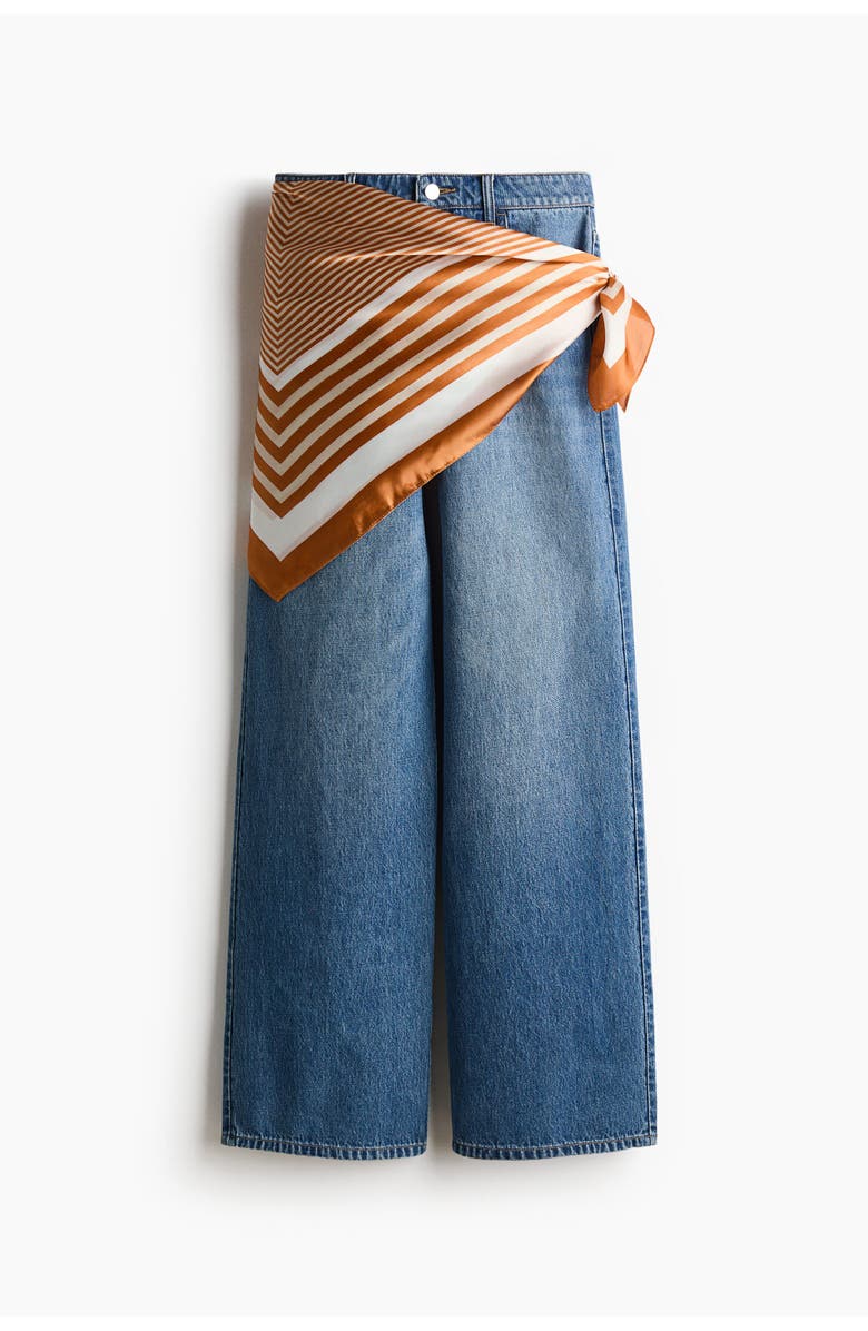 H&M Straight High Waist Scarf-detail Jeans, Alternate, color, Denim Blue/Orange