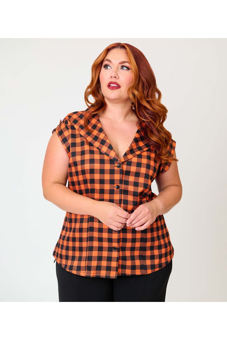 Plus Size 1960s Twill Sleeveless Blouse, Main, color, Orange Gingham