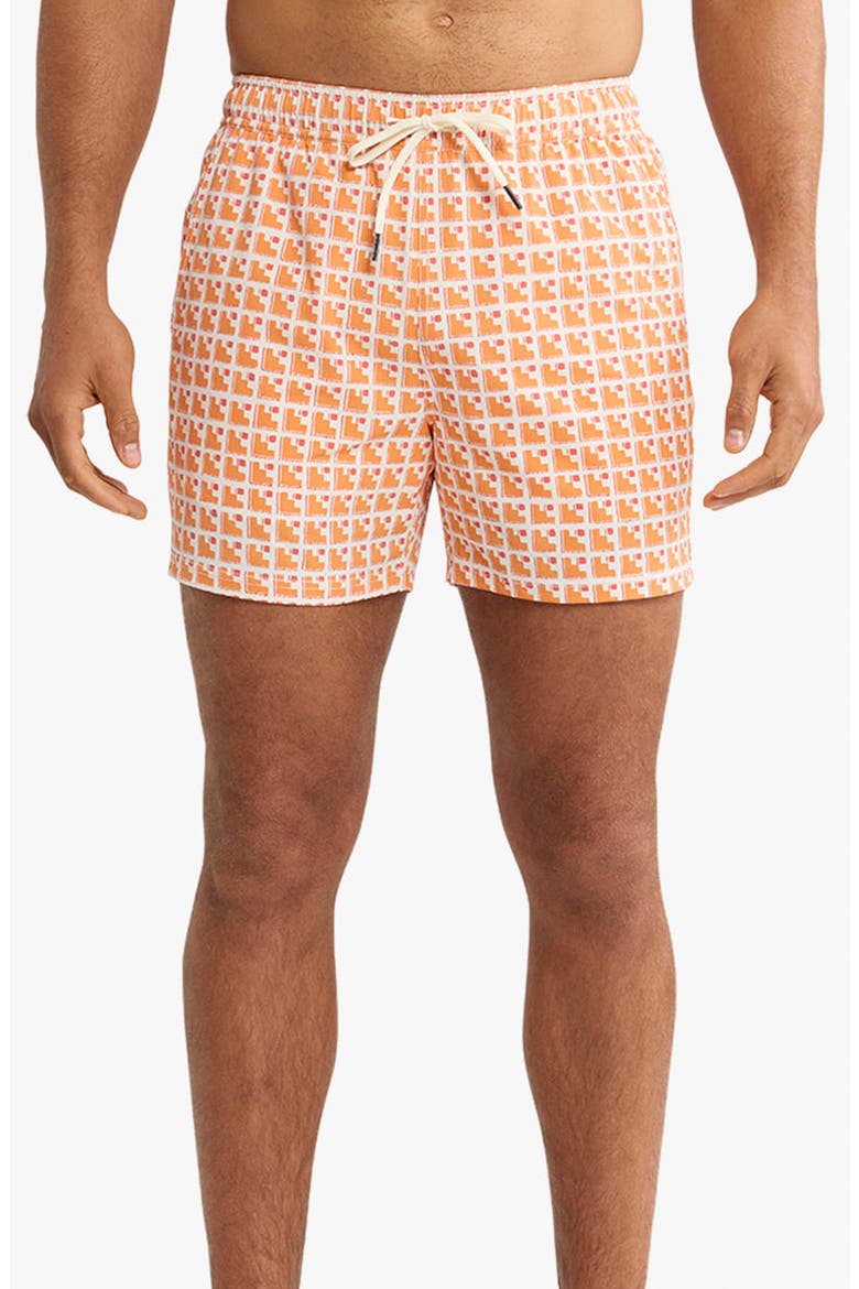 Bungalow Geo Print Water Repellent Swim Trunks, Main, color, SUNSET STAIRS (815)