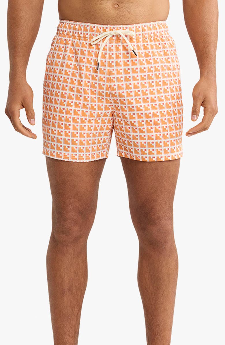 Fair Harbor Bungalow Geo Print Water Repellent Swim Trunks, Main, color, Sunset Stairs (815)