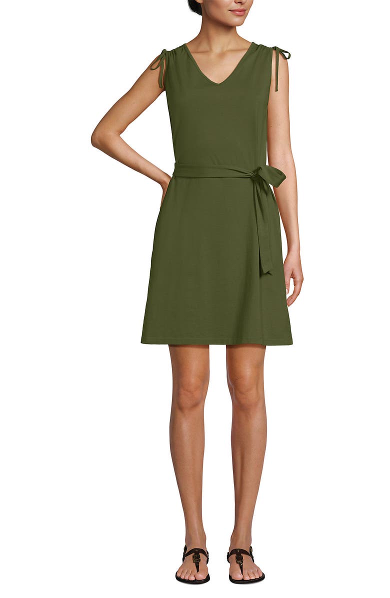 Lands' End Cotton Jersey Shoulder Tie Belted Mini Dress, Alternate, color, Artichoke