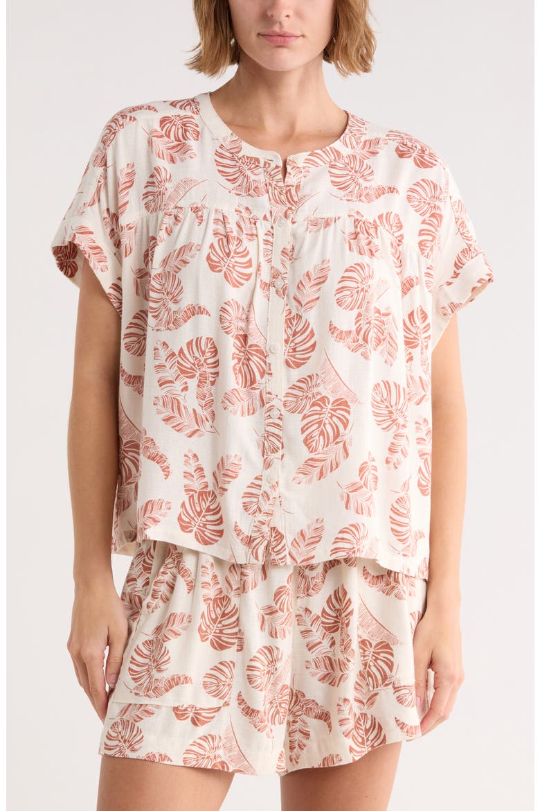 Short Sleeve Button-Up Top, Main, color, OFF WHITE TROPICAL PRINT