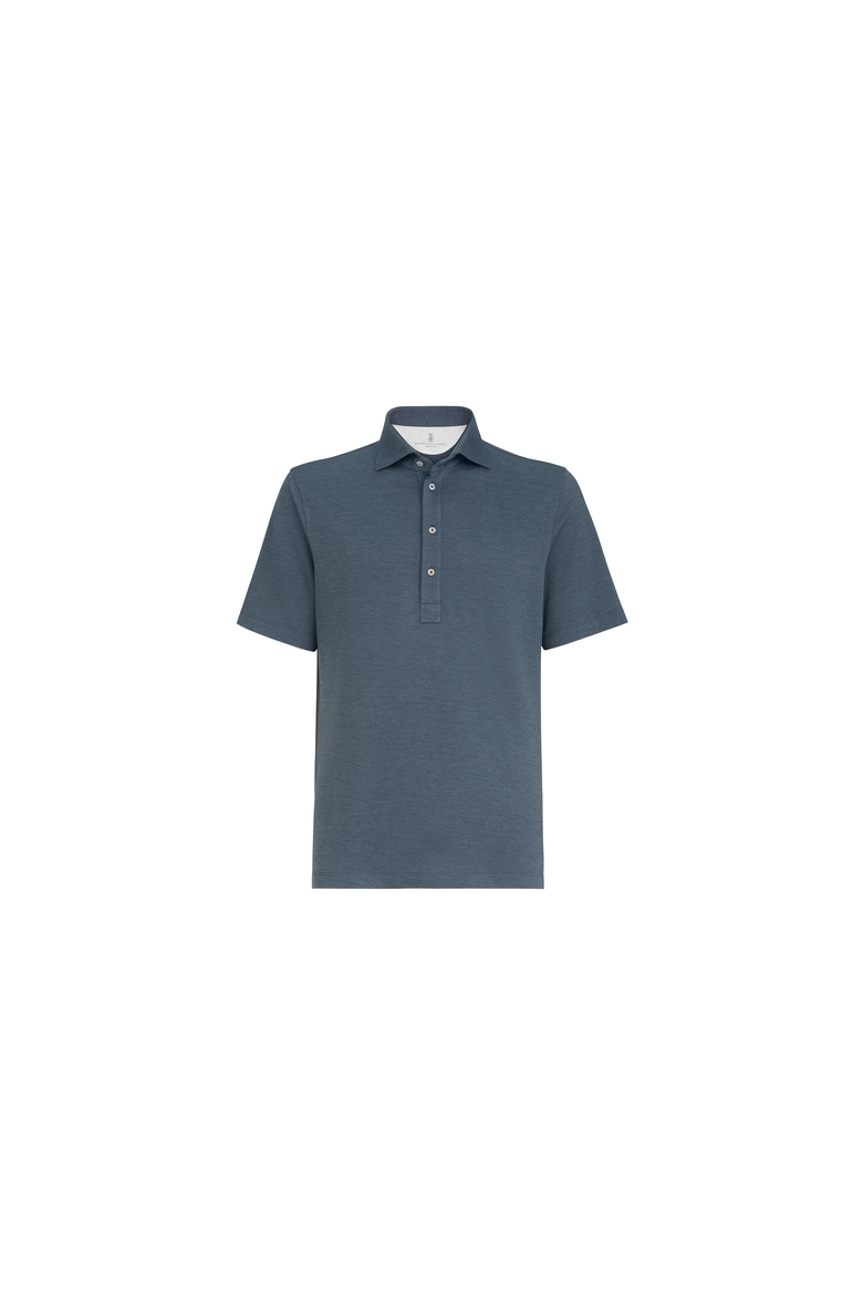 Virgin wool, silk and cotton piqué polo shirt with spread collar, Alternate, color, Cerulean