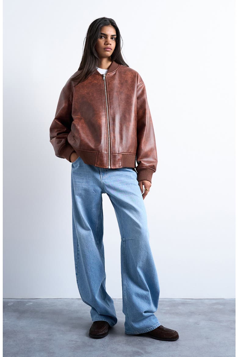 Oversize Faux Leather Bomber Jacket, Alternate, color, TAN