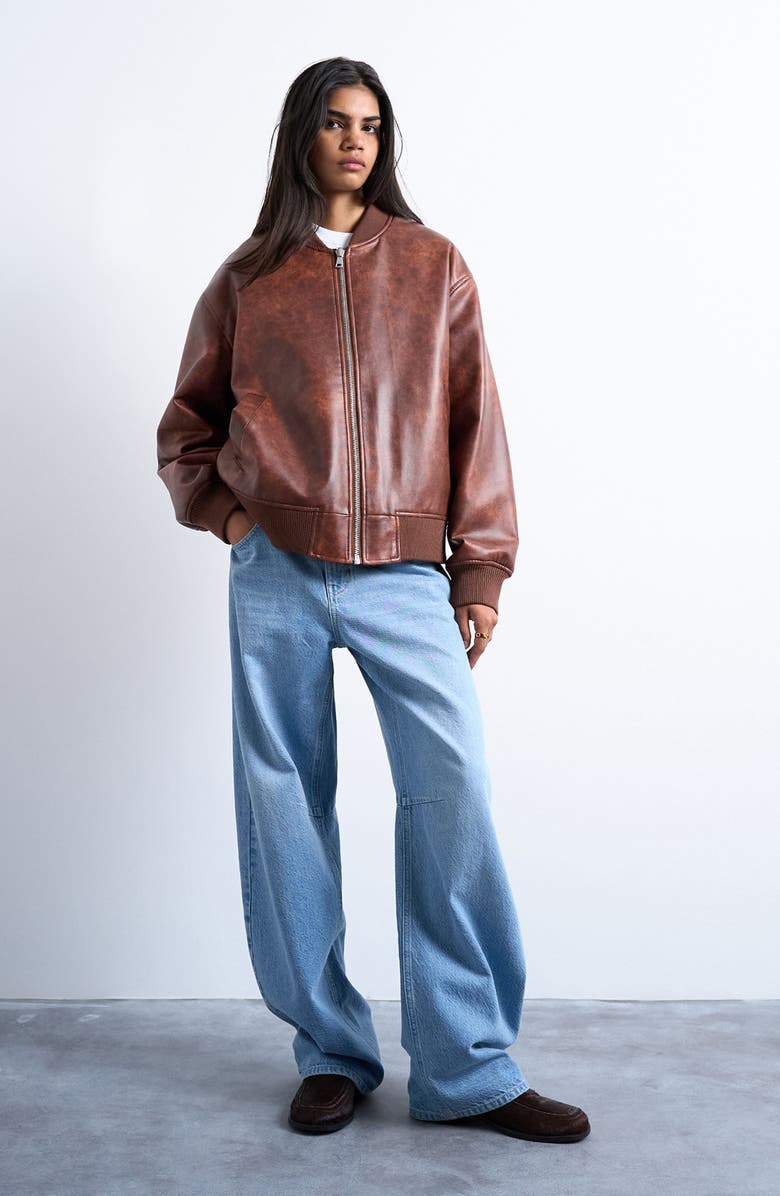 Topshop Oversize Faux Leather Bomber Jacket, Alternate, color, Tan