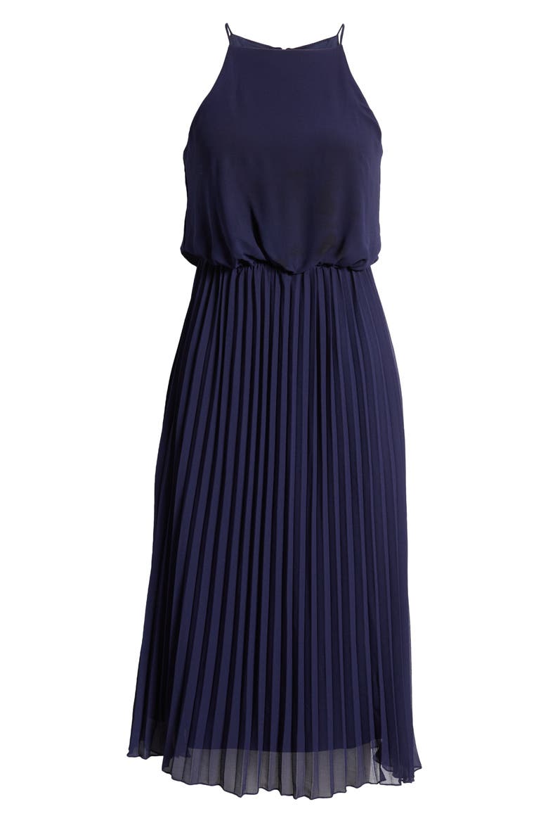 Sleeveless Pleated Midi Dress, Alternate, color, NAVY