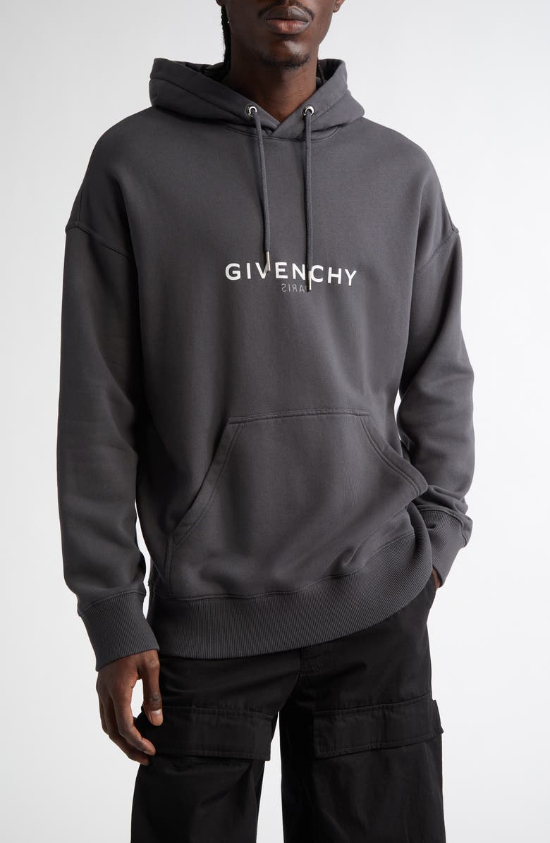 Givenchy Slim Fit Reverse Cotton Logo Hoodie, Main, color, Charcoal
