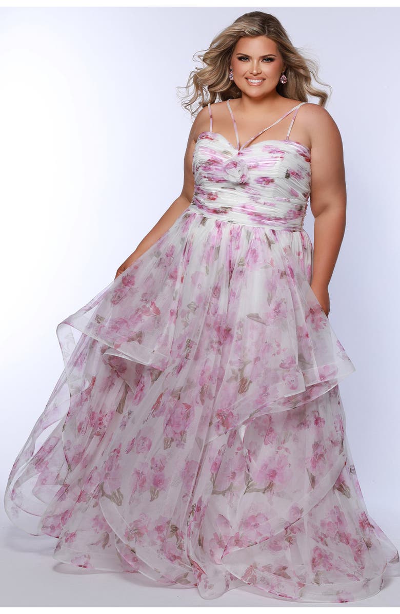 Sydney's Closet Pleated Tiered Floral A-Line Plus Size Gown, Main, color, Pink Floral