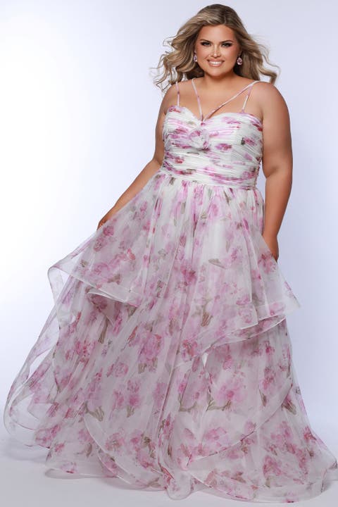 Pleated Tiered Floral A-Line Plus Size Gown