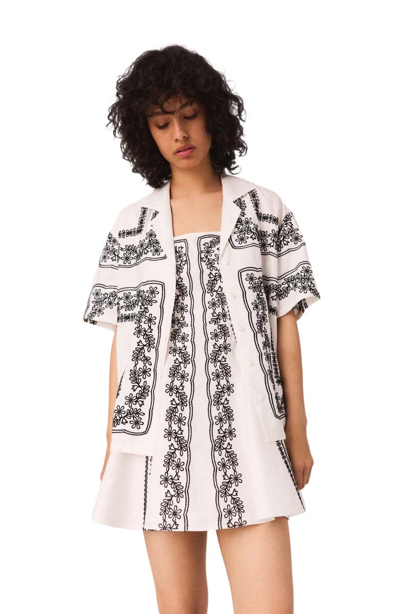 maje Short-sleeved embroidered shirt, Alternate, color, Ecru / Black