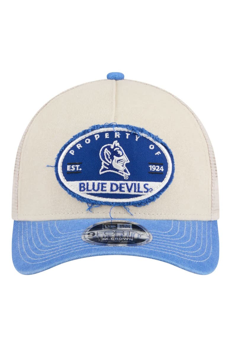 Men's New Era  Stone/Royal Duke Blue Devils Frayed Patch 9FORTY M-Crown A-Frame Trucker Adjustable Hat, Alternate, color, Stone